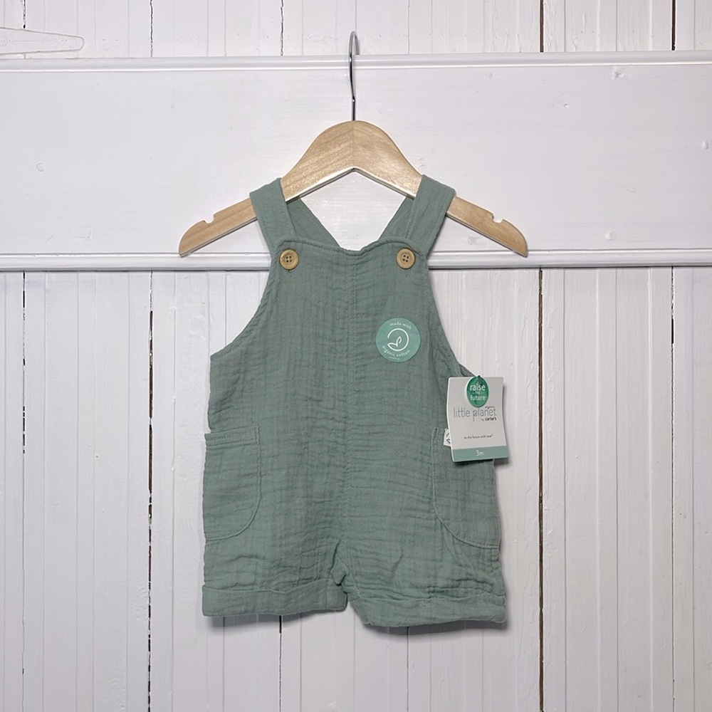 LITTLE PLANET NWT 100% Organic Cotton Neutral Olive Muslin Romper Shortalls